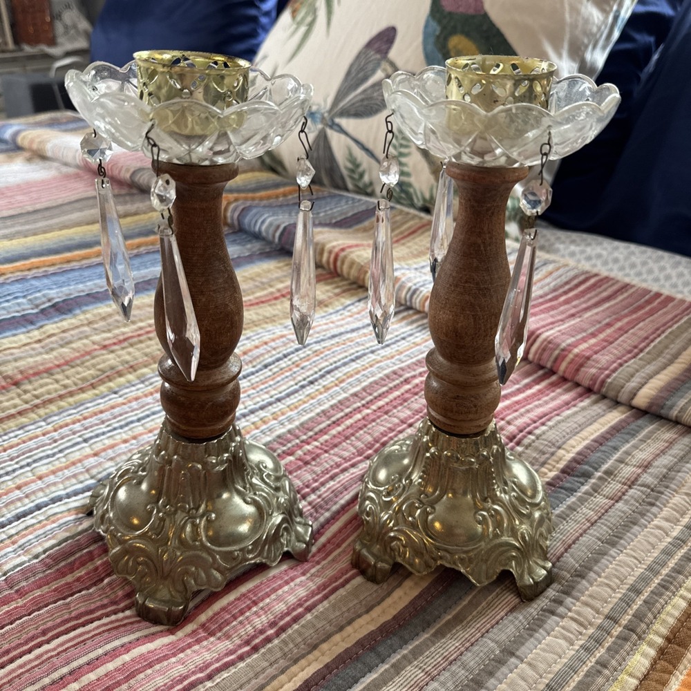 Pair Of Hedco Wood Metal Glass Candle Holders Parts Only Read